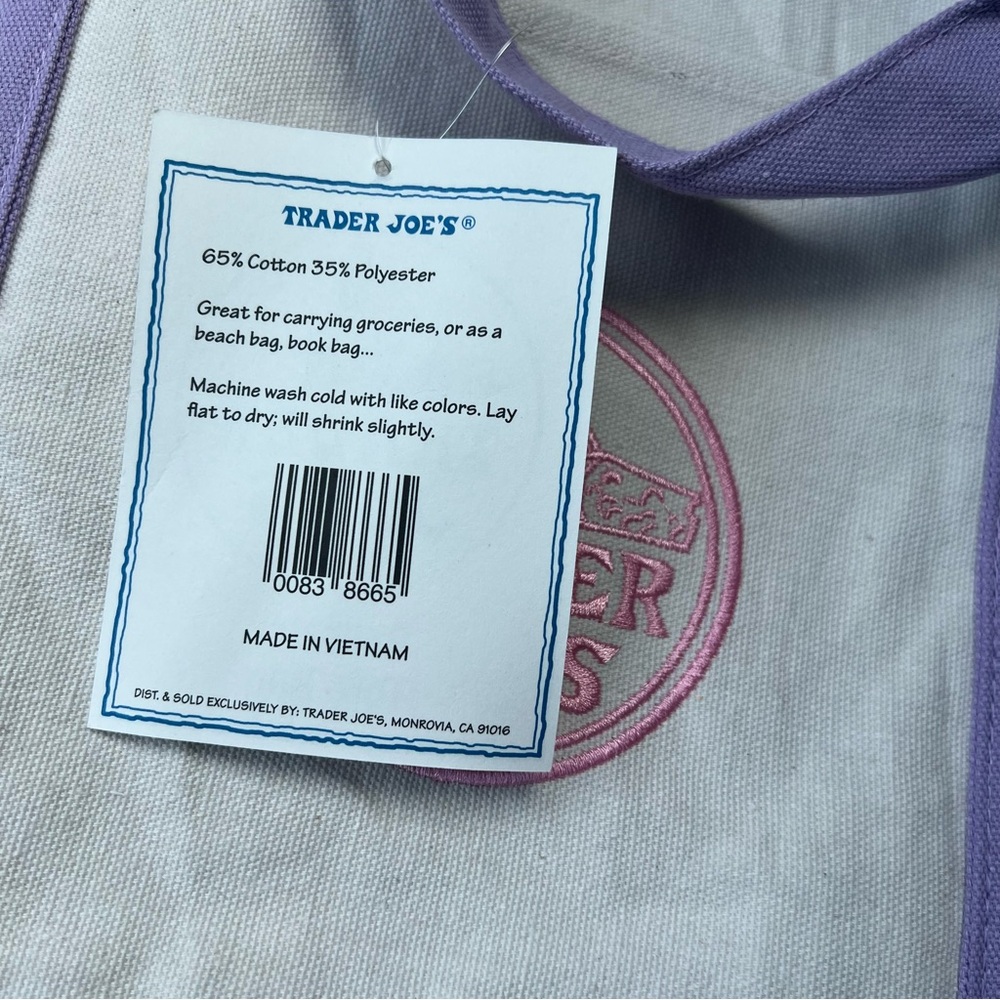 Trader Joe's Large Canvas Tote Bag in Cream & Purple - Picture 3 of 3